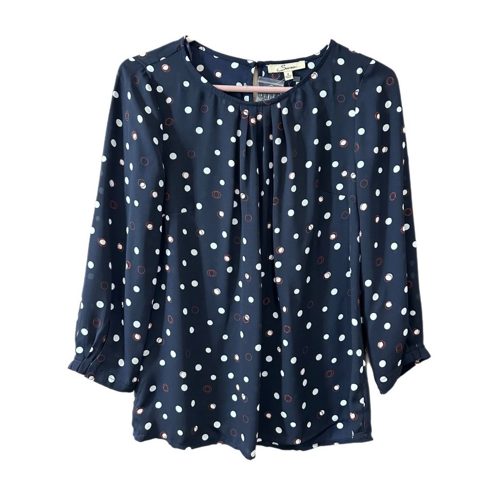 Serein Women’s Size Small Black Polka Dot 3/4 Sleeve Semi Sheer Blouse NEW